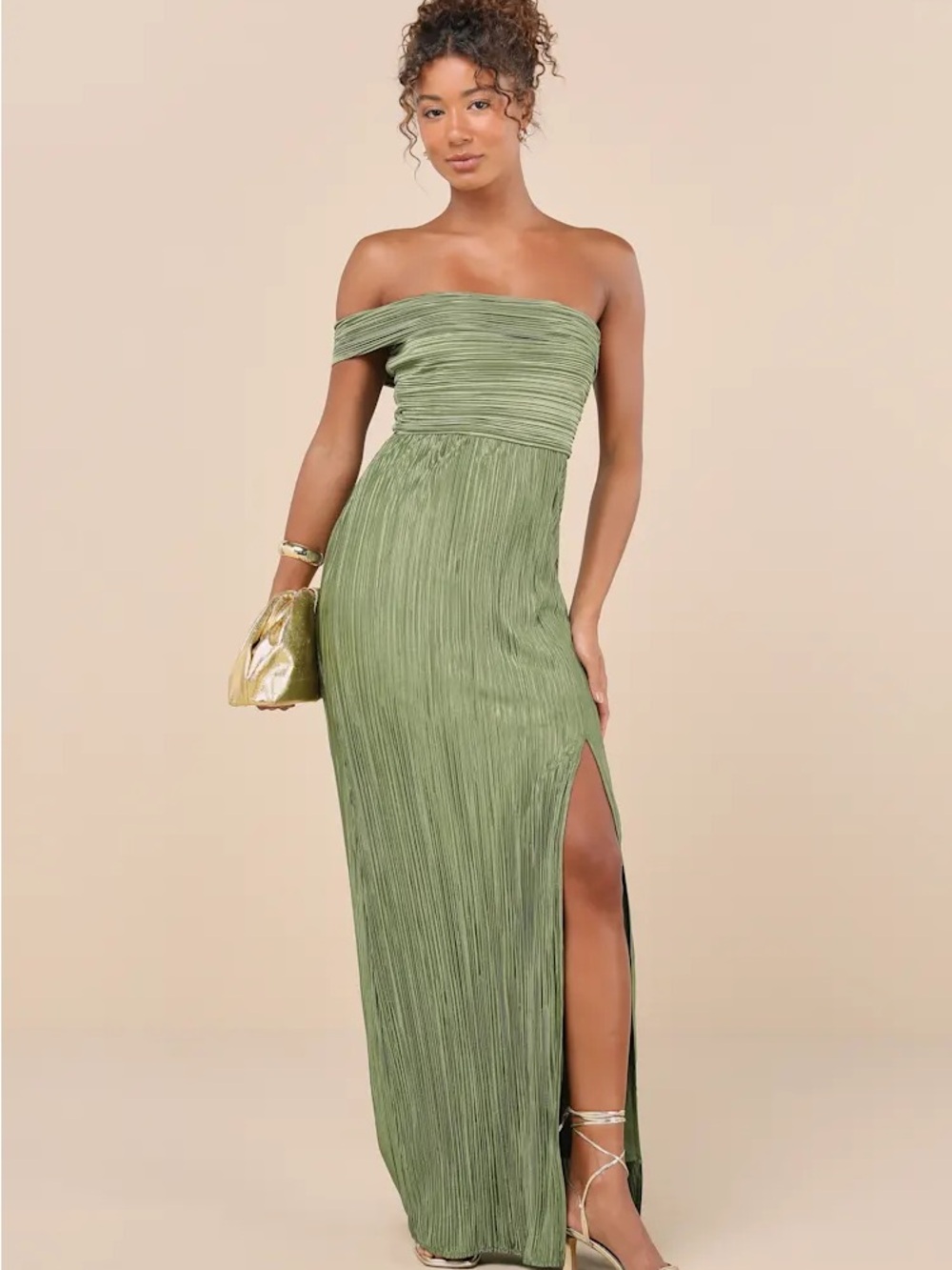 Lulu's Olive Green One-Shoulder Pleated Gown - Picture 2 of 3